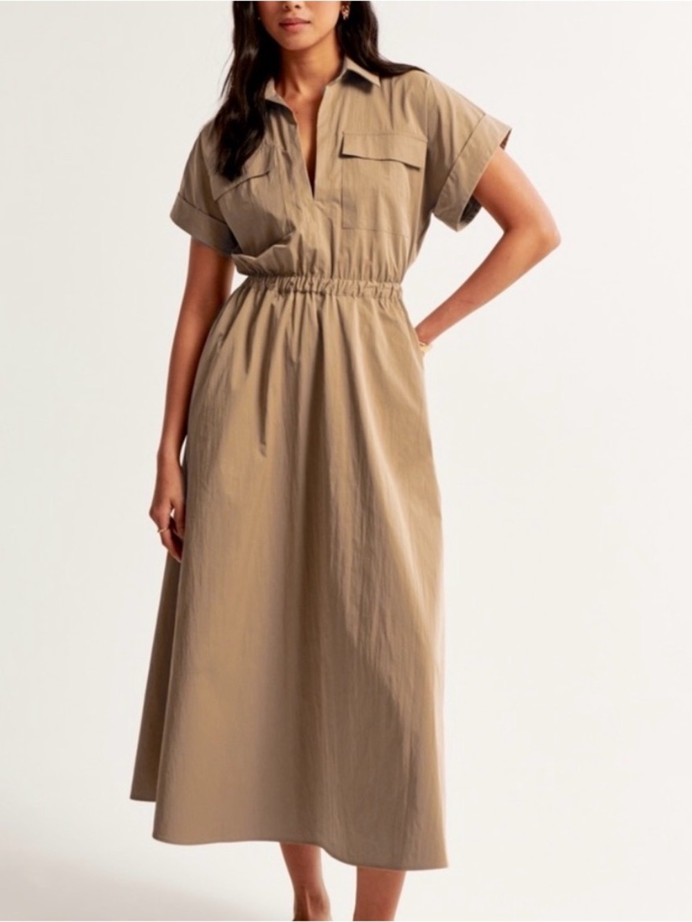 Abercrombie & Fitch Tan Utility Midi Shirtdress